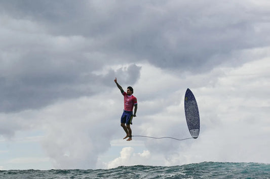 Brazil’s Gabriel Medina reacts after getting a large wave in the 5th heat of the men’s surfing round 3, during the Paris 2024 Olympic Games, in Teahupo'o, Tahiti, on July 29, 2024.Jerome Brouillet—AFP/Getty Images